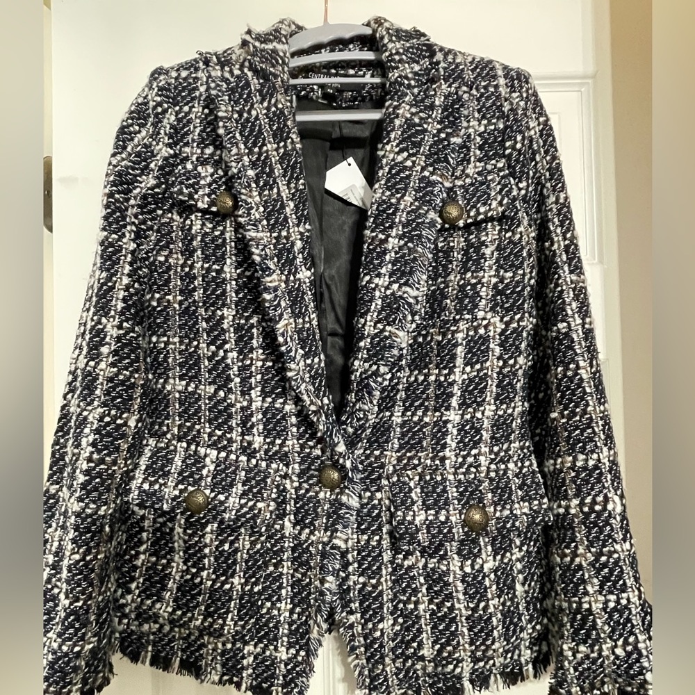 Central Park West Monte Plaid Tweed Blazer, XS, NWT.